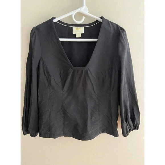 Anthro Maeve Becca Linen Blend Square Neck Puff Sleeve Black Blouse Size 2 - Picture 3 of 11